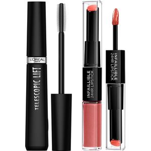 L’Oréal Paris Telescopic Lift Mascara + Infaillible 24H Lipstick 312 Incessant Russet Lipstick Giftset – Geschenkset