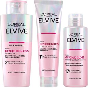 L'Oréal Paris Elvive Glycolic Gloss Shampoo, Conditioner & 5 min Lamellaire Verzorging Bundel - voor dof, poreus haar - met glycolic acid voor glanzend haar - 200ml, 150ml & 200ml