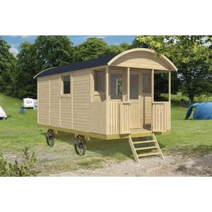 Houten Pipowagen Kathy 500x240x325cm met veranda en trap Wanddikte 19 mm