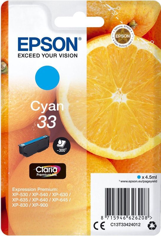 Epson Oranges Singlepack Cyan 33 Claria Premium Ink (C13T33424022)