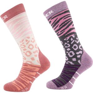 Sinner - Ski Sokken - Dames - Roze/Paarse Dierenprint - Dubbelpak