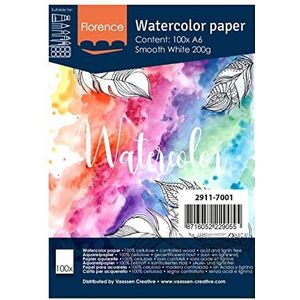 Vaessen Creative Florence Aquarelpapier, warmgeperst, A6, intens wit, 200 g/m², kunstenaarskwaliteit, oppervlak Lisa, 100 vellen om te schilderen, handlettering, kunstprojecten en meer