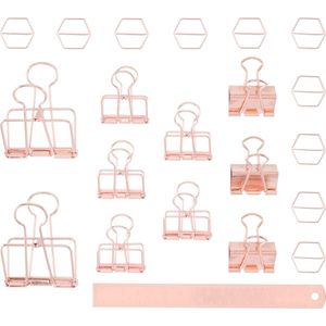 Nienke Vletter Vaessen Creative Bulldog 21 stuks schrijfwaren met paperclips, bindklemmen en roségouden liniaal voor papier, kaarten, foto's, tekeningen en presse-papier