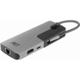 ACT USB C Multiport Adapter 6-In-1 Met Aluminium Behuizing, 4K @ 30 Hz HDMI, 3-Poorts USB 3.0, USB Type C 60W PD, LAN, Extra Monitor Aansluiten Op Laptop - AC7042