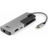 ACT USB C Multiport Adapter 6-In-1 Met Aluminium Behuizing, 4K @ 30 Hz HDMI, 3-Poorts USB 3.0, USB Type C 60W PD, LAN, Extra Monitor Aansluiten Op Laptop - AC7042