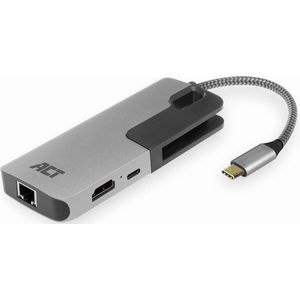 ACT USB C Multiport Adapter 6-In-1 Met Aluminium Behuizing, 4K @ 30 Hz HDMI, 3-Poorts USB 3.0, USB Type C 60W PD, LAN, Extra Monitor Aansluiten Op Laptop - AC7042