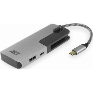 ACT USB-C Hub, met 3x USB-A, kaartlezer, USB-C PD Pass-Through 60W USB-C (USB C), Docking station + USB-hub, Grijs, Zwart