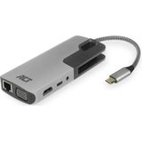ACT Docking USB-C - HDMI/VGA/Gigabit Ethernet / 3 x USB A/kaartlezer/PD pass-through/audio in-out, 0,15 meter, metalen behuizing - AC7043
