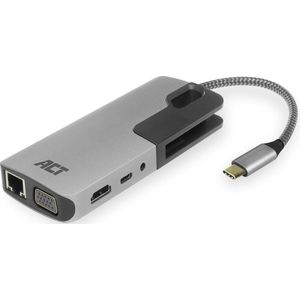 ACT Docking USB-C - HDMI/VGA/Gigabit Ethernet / 3 x USB A/kaartlezer/PD pass-through/audio in-out, 0,15 meter, metalen behuizing - AC7043