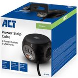 ACT Stekkerdoos cube met 3 stopcontacten, USB-A-poorten, 1,5m Zwart AC2400