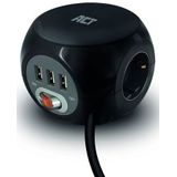 ACT Stekkerdoos cube met 3 stopcontacten, USB-A-poorten, 1,5m Zwart AC2400
