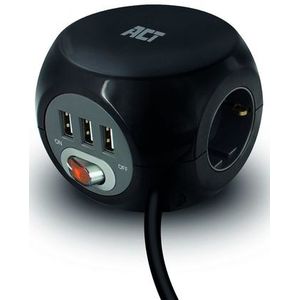 ACT Stekkerdoos cube met 3 stopcontacten, USB-A-poorten, 1,5m Zwart AC2400