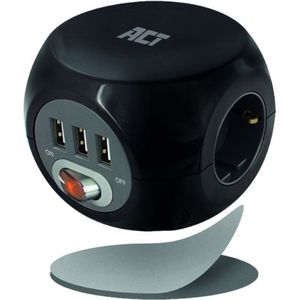ACT Stekkerdoos cube met 3 stopcontacten, USB-A-poorten, 1,5m Zwart AC2400