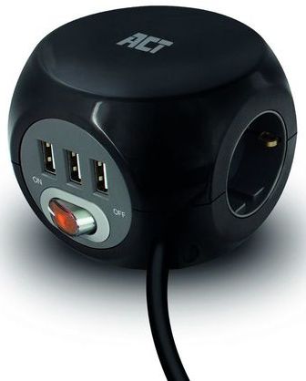 ACT Stekkerdoos cube met 3 stopcontacten, USB-A-poorten, 1,5m Zwart AC2400