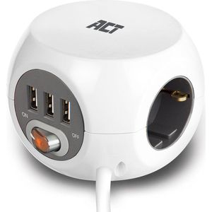 ACT Vierkante Stekkerdoos (PDU) met 3 Sockets Type  - 3 USB-A Poorte - 1,5m Wit - AC2405