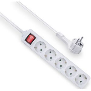 ACT Stekkerdoos met lichtgevende schakelaar en platte stekker, 5 sockets, 1,5 m, wit