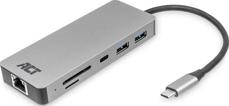 ACT AC7092 (USB-C, 8 Havens), Docking station + USB-hub, Grijs
