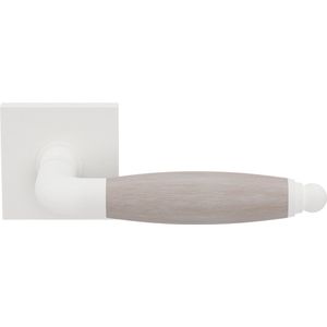 Deurkruk op rozet - Wit - RVS - GPF bouwbeslag - Ika Deurklink wit/ eiken whitewash gebogen met ronde eindknop op vierkante
