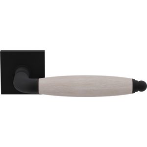 Deurkruk op rozet - Zwart - RVS - GPF bouwbeslag - Ika XL Deurklink zwart/ eiken whitewash gebogen met ronde eindknop op vierkante