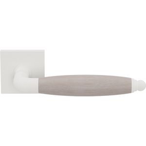 Deurkruk op rozet - Wit - RVS - GPF bouwbeslag - Ika XL Deurklink wit/ eiken whitewash gebogen met ronde eindknop op vierkante