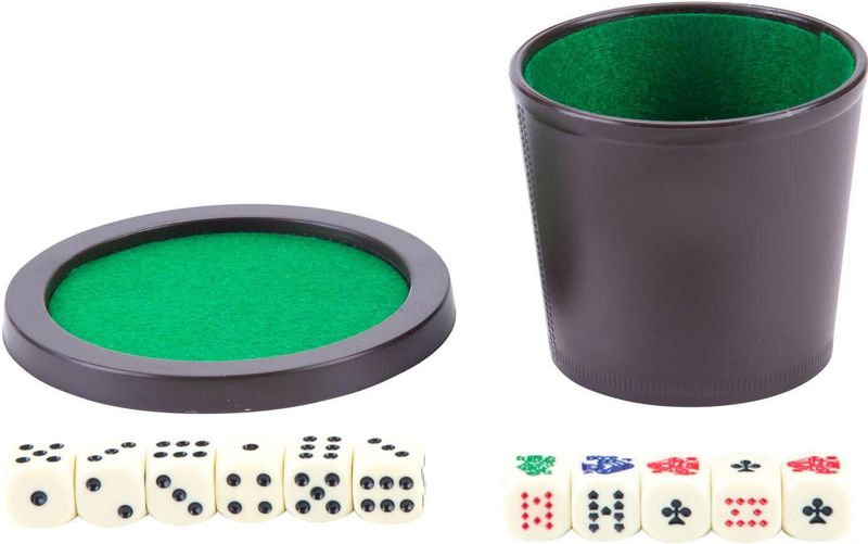 Dobbelset - Beker met Deksel - 6 Dobbelstenen - 5 Pokerstenen