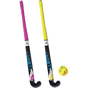 Hockeyset 2 st, kleur roze en geel kunststof 33"" met gele bal in tas