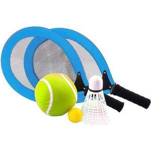 TENNIS RACKETSET WITH PU BALL, TENNIS BALL, SHUTTLECOCK AND 2 SOFTRACKETS BLUE