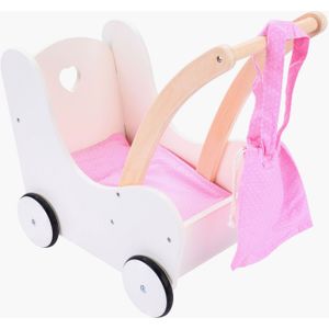 Poppen Loopwagen - Roze/Wit - Hout - Inclusief Matrasje, Dekentje, Kussentje