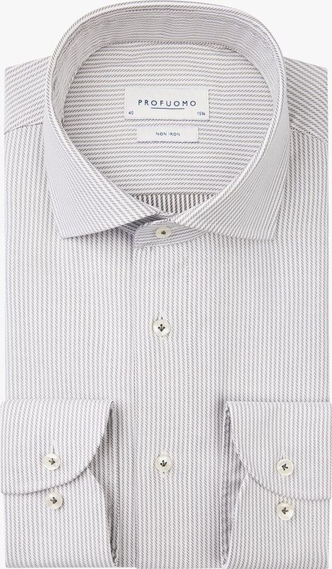 Profuomo - Slim Fit Overhemd - Olijfgroen met Wit Gestreept - Dobby - Strijkvriendelijk