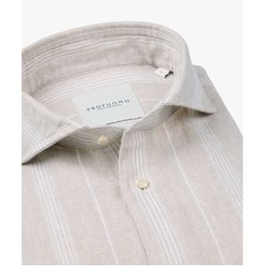 Profuomo - Overhemd Beige Linnen Slim Fit Met Ingezette Strepen