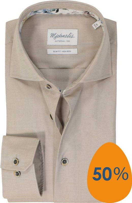 Michaelis - Slim Fit Overhemd - Beige - Twill - Strijkvriendelijk