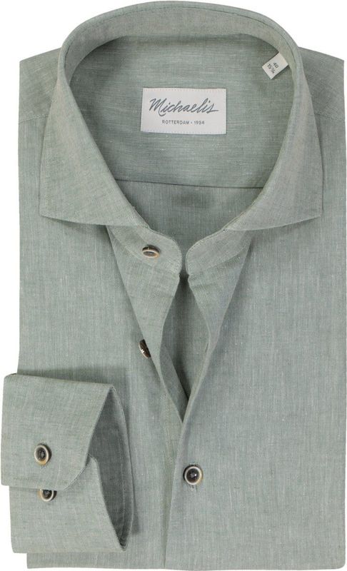 Michaelis - Groen Effen Overhemd - Katoen/Linnen - Haifisch Kraag