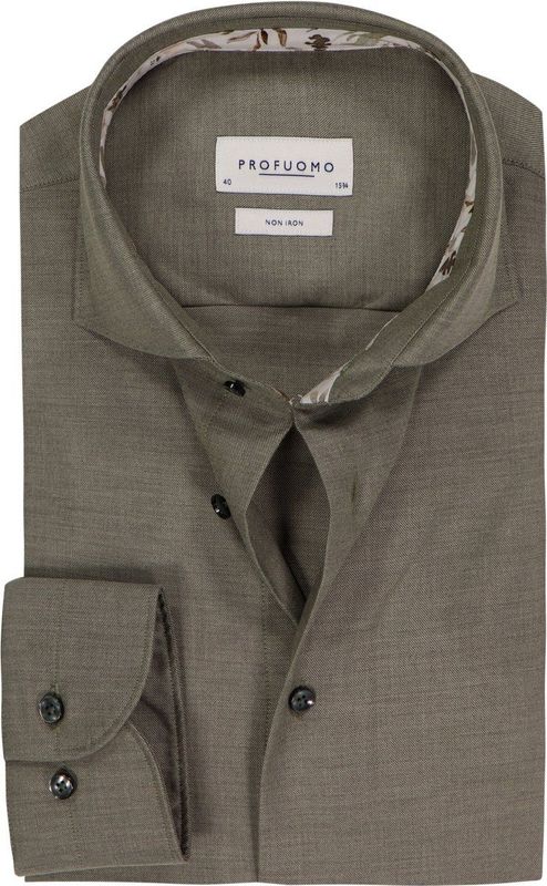 Profuomo slim fit heren overhemd, twill, olijfgroen melange