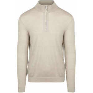 Profuomo - Slim Fit - Gebreide Trui - Beige - Korte Rits - 100% Wol