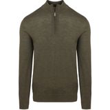 Profuomo - Slim Fit Trui - Donkergroen - Korte Rits - 100% Wol