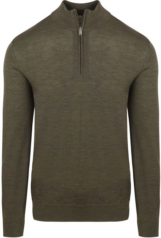 Profuomo - Slim Fit Trui - Donkergroen - Korte Rits - 100% Wol