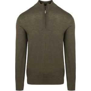 Profuomo - Slim Fit Trui - Donkergroen - Korte Rits - 100% Wol