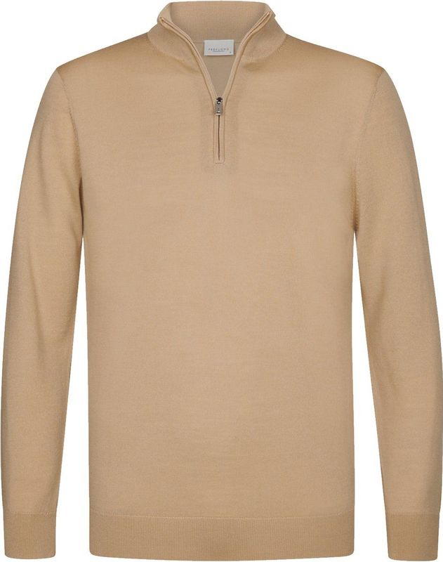 Profuomo - Slim Fit Trui - Donkerbeige - Wol - Korte Rits