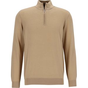Profuomo - Slim Fit Trui - Donkerbeige - Wol - Korte Rits