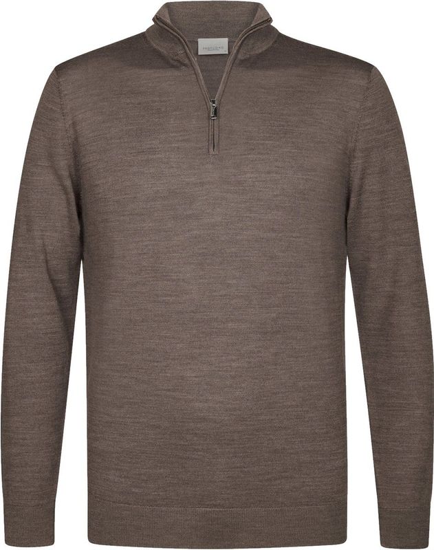 Profuomo - Slim Fit Trui - Taupe - 100% Wol - Korte Rits