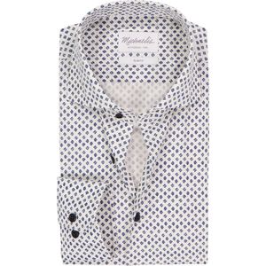 Michaelis - Slim Fit - Overhemd - Wit met Blauw Dessin - Strijkvriendelijk