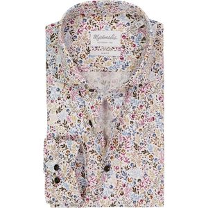 Michaelis - Slim Fit - Heren Overhemd - Wit - Popeline met Geleurde Bloemetjes Dessin