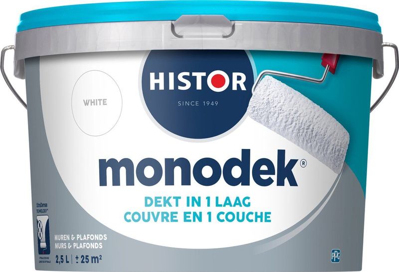 Histor Monodek Muurverf Mat - dekt in 1 laag - afwasbaar - Geschikt voor Binnen - 2,5 liter - Wit