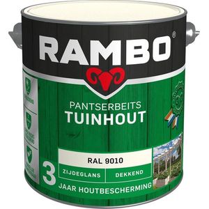 Rambo Pantserbeits Tuinhout Zijdeglans Dekkend - Gelijkmatig Vloeiend - RAL 9010 Zuiverwit - 2.5L