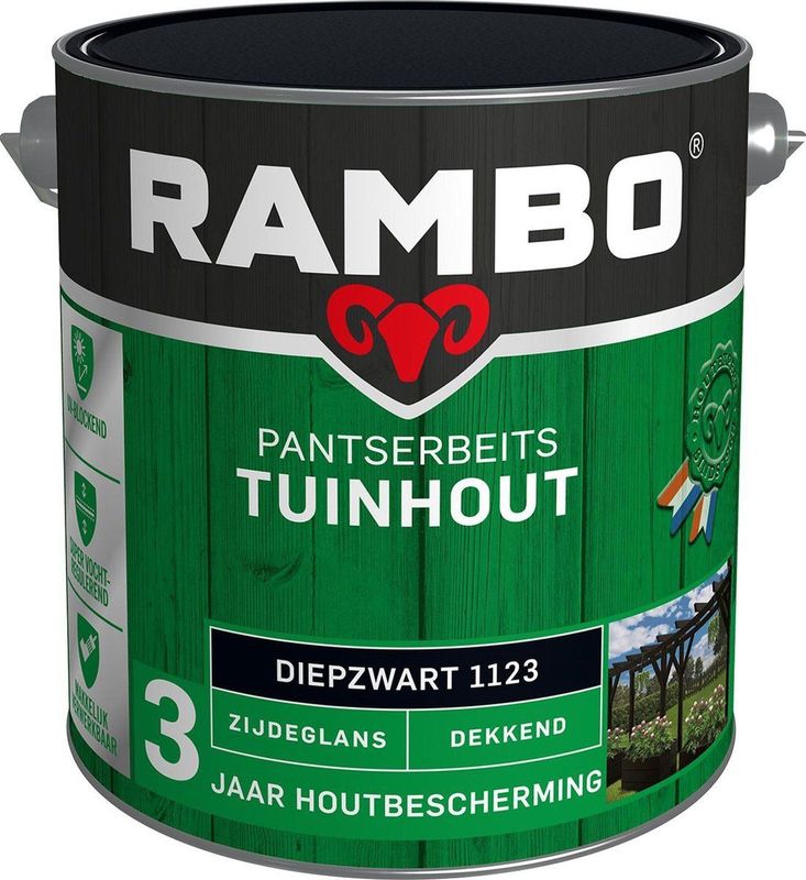 Rambo Pantserbeits Tuinhout Zijdeglans Dekkend - Gelijkmatig Vloeiend - Diepzwart - 2.5L