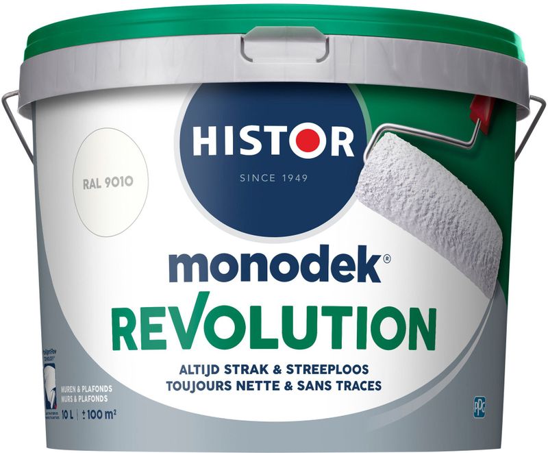 Histor MonoDek Revolution Muurverf Mat - Goed Reinigbaar - Optimale Dekking – Afwasbaar - 10L - RAL 9010