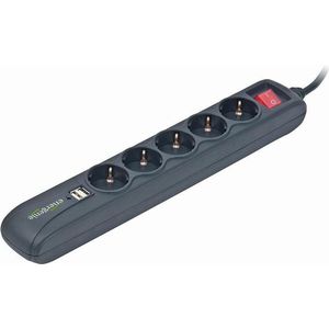 Gembird SPG5-U2-5 Stekkerdoos met Schakelaar 5-voudig Incl. 2x USB Charge - Zwart