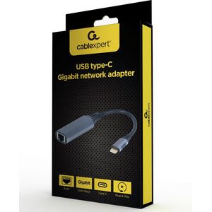 Gembird - USB Type-C Gigabit Netwerkadapter - Grijs - Metalen Behuizing