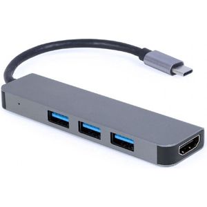 Gembird A-CM-COMBO2-01 (USB-C, 4 Havens), Docking station + USB-hub, Grijs