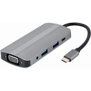 Gembird A-CM-COMBO8-02 (USB-C, 8 Havens), Docking station + USB-hub, Zilver